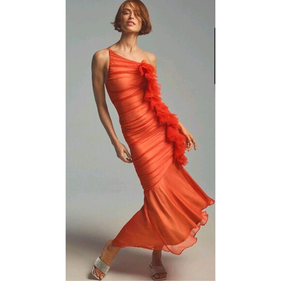 $330 Anthropologie Vineet Bahl Ruched One-Shoulder Dress Peach Orange Sz Large